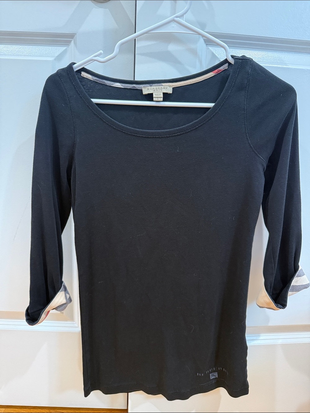 Burberry Black Scoop Neck Long Sleeve Top with Check Cuff Detail